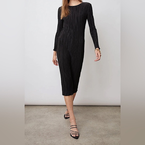 NWT Rails Jordy Midi Pleated Satin Long Sleeve Dress Black | XS - Picture 1 of 12